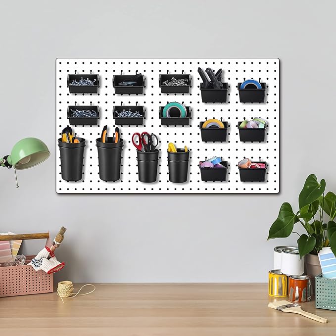 64 Pieces Pegboard Bins Pegboard Cups with Hooks and Loops Peg Hooks Assortment Organizer Accessory for Organizing Accessories Tools Storage Office Workshop Garage Workbench (Black)