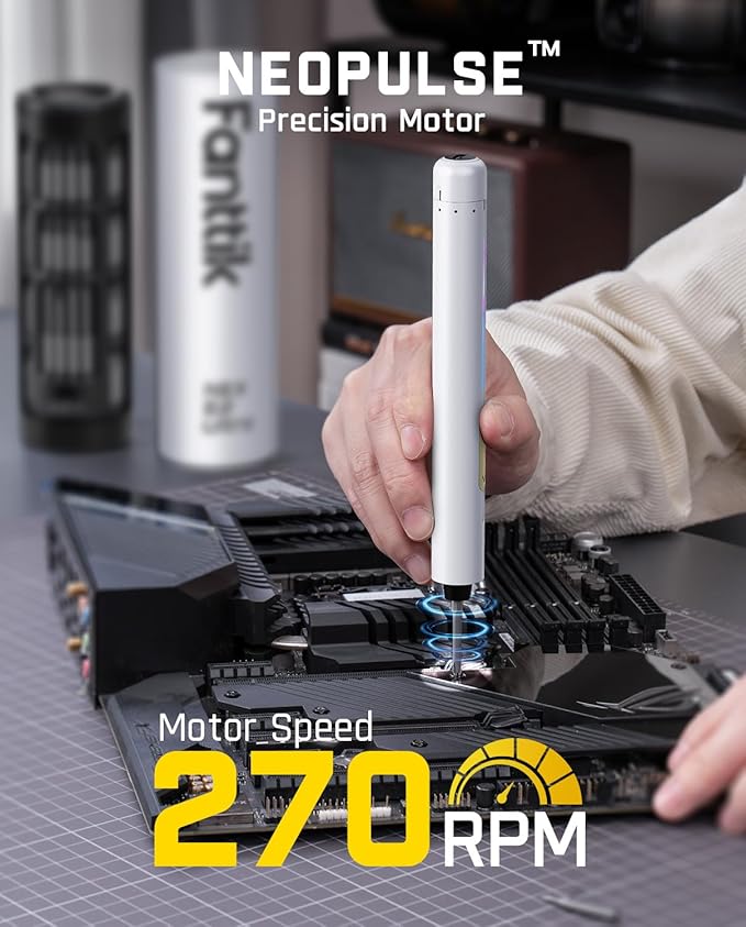 Fanttik E2 Ultra Mini Electric Screwdriver, Cordless Screwdriver, Max 0.6N.m, 50 Magnetic Bits, 5/32'' Hex, Magnetic Storage, Repair Tool for Electronics, Camera, Laptop, and PC Build (White)