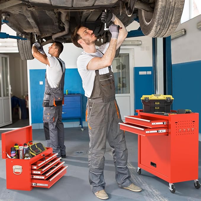 8 Drawer High Capacity Rolling Tool Chest, Tool Box with Wheels and Drawers, Detachable Toolbox with Lock, Heavy Duty Metal Tool Cabinet for Workshop, Warehouse and Garage (Red)