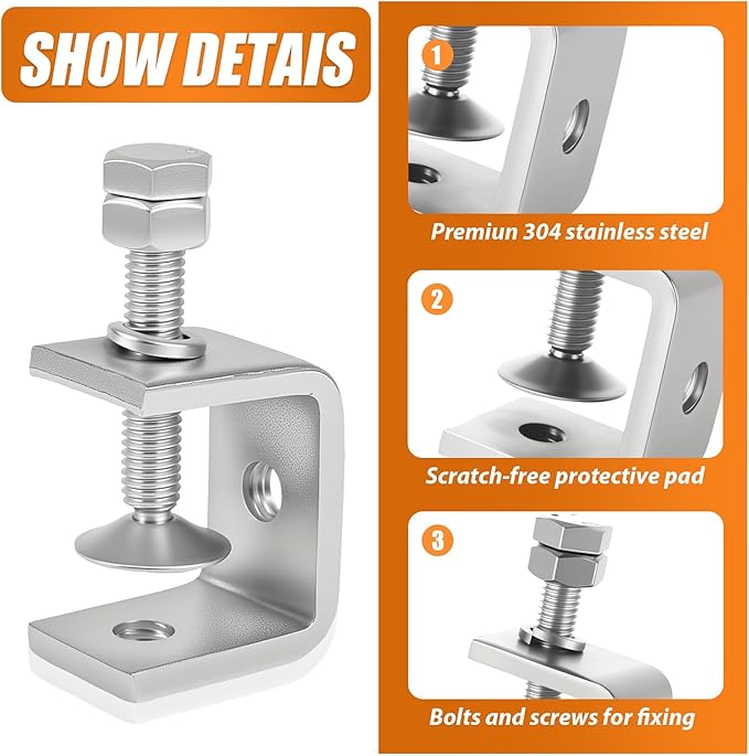 1-3/16 Inch C Clamps, 2 Pack 304 Stainless Steel C Clamps for Woodworking and Welding,Stable Wide Jaw Opening Tiger Clamp for Construction Household Mount(30mm)
