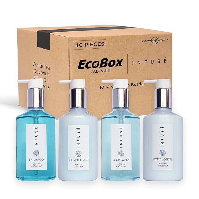 1-Shoppe Infuse 40 Piece Ecobox All-In-Kit | White Tea and Coconut Soap | 12 Shampoo, 8 Conditioner, 12 Body Wash & 8 Lotion | 10oz Hotel Soaps and Toiletries Bulk | Personal Care Products-VeraVaultWomen