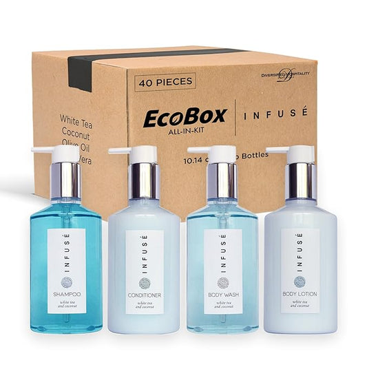 1-Shoppe Infuse 40 Piece Ecobox All-In-Kit | White Tea and Coconut Soap | 12 Shampoo, 8 Conditioner, 12 Body Wash & 8 Lotion | 10oz Hotel Soaps and Toiletries Bulk | Personal Care Products-VeraVaultWomen