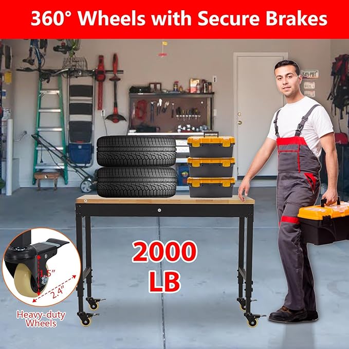 48x24 Inch Heavy-Duty Adjustable Workbench with Rubber Wood Top – 2000LB Capacity Mobile Garage Workstation, Locking Wheels, Power Outlets, Ideal for Workshop, DIY & Tool Storage (Black)