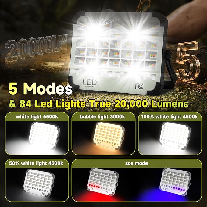 200W LED Solar Work Light 20000LM Magnetic Portable Light, 20000mAh Rechargeable with 5 Modes, IP66 Waterproof for Outdoor Camping, Car Repair, Building, Workshop, Garage, Emergency