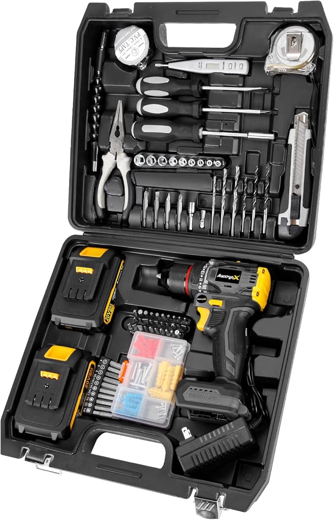 Brushless Compact Drill Tool Set, 60N.m 20V Cordless Drill Tool Box with 2 Battery, 135Pcs Man Household Combo Set with DIY Hand Taladros Kits, 531 In-lb Kit with Drill for Daily Home Repair