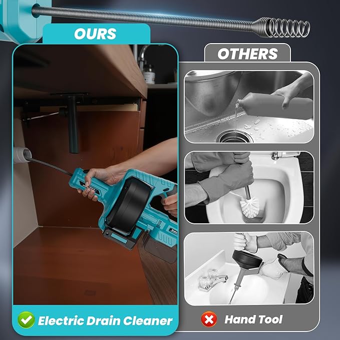 Ecarke Cordless Drain Auger 25Ft Compatible with Makita 18V Battery: 610 RPM Electric Plumbing Snake Drain Auger Spiral Machine, Powerful Drain Cleaner With Towel & Gloves for Kitchen,Sewer(Tool Only)