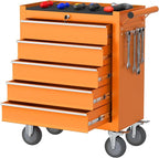 5 Drawers Large Capacity Tool Box, Metal Rolling Tool Chest with Wheels and Drawers, Tool Storage Cabinet with Keyed Locking, Tool Organizer Box for Garage, Workshop, Warehouse (Orange)