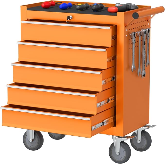 5 Drawers Large Capacity Tool Box, Metal Rolling Tool Chest with Wheels and Drawers, Tool Storage Cabinet with Keyed Locking, Tool Organizer Box for Garage, Workshop, Warehouse (Orange)