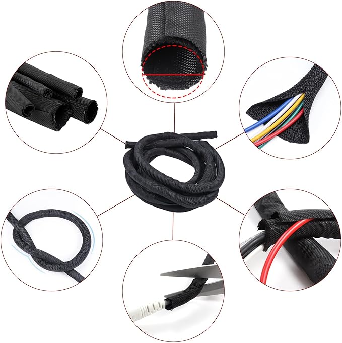 Black Braided Cable Management Sleeves Wire Loom Tubing Cord Protector Self-Wrapping (1"-15Feet)