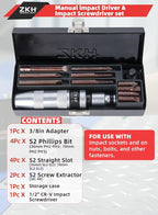 ZKH 3/8" Hand Impact Screwdriver, 1/2" Manual Reversible Impact Driver Includes 10-Piece S2 Steel Slotted, Phillips, Screw Extractor Bit Set for Removing Damaged, Frozen, Rusted Screws and Fasteners
