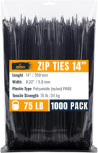 ALBO Black Zip Ties 14 Inch Plastic Cable Ties 1000 Pack Tie Wraps Heavy Duty 75lb UV Resistant Nylon Wire Ties