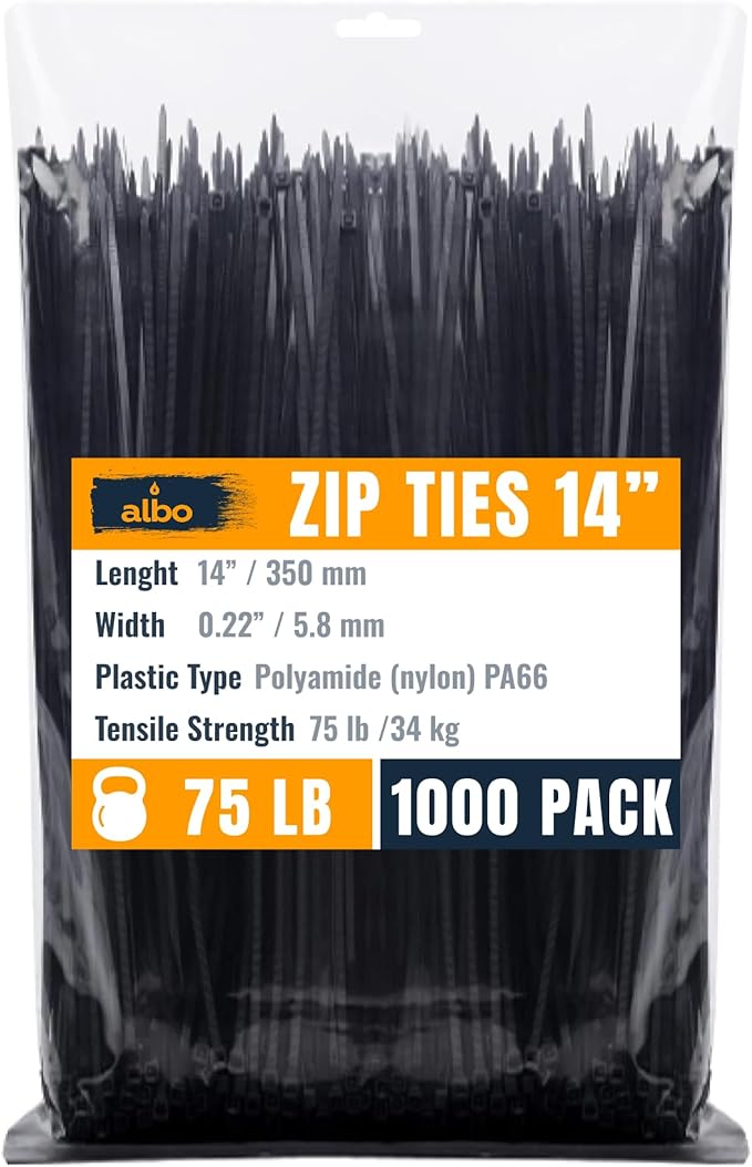 ALBO Black Zip Ties 14 Inch Plastic Cable Ties 1000 Pack Tie Wraps Heavy Duty 75lb UV Resistant Nylon Wire Ties