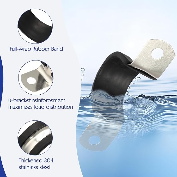 10PCS Reinforced Rigid Pipe Strap Clamp 1 Inch Conduit Clamp with Rubber Straps, Pipe Brackets for Mounting 2 Hole U Clamps Brackets Strap Hanger Tube Tension Clips Heavy Duty