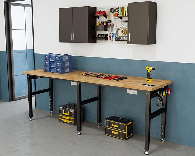 SPECRAFT 96“ Adjustable Heavy Duty Workbench with 4 AC Outlet and 2 USB Ports Power Outlets, 5000 Lbs Capacity, Rubber Wood Top for Garage, Workshop, Office