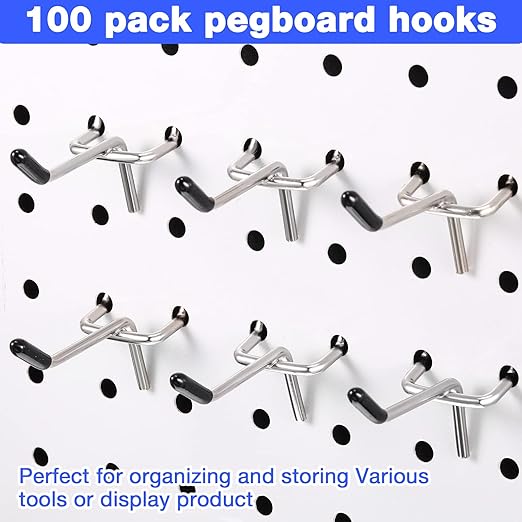 Moxweyeni 100 Pcs Pegboard Hooks Peg Board Organizer Accessories Holders Hanging Stainless Steel Display Wall Hooks for 1/8 and 1/4 Pegboard Wall for Garage Storage Tools(2 Inch)