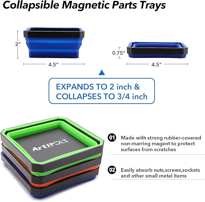 Collapsible Magnetic Parts Tray Set, 3 Pack Foldable Silicone Magnetic Tool Trays for Bolts, Screws, Nuts and Other Small Metal Parts, 4.5 Inch Square Silicone Bowls