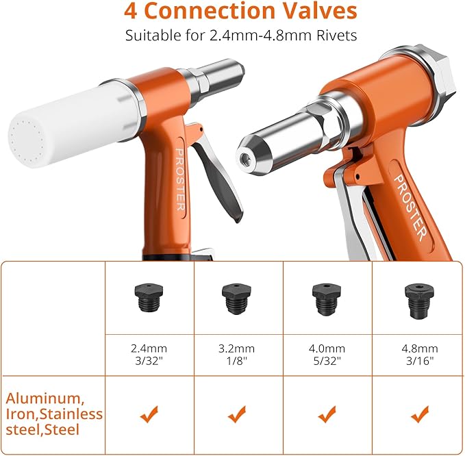 Proster Pneumatic Tool Air Riveter - 3097lbf Pulling Pneumatic Rivet Gun, 6-8KG/C2 Heavy-Duty Air Pop Riveter for 3/32", 1/8", 5/32", 3/16" Capacity