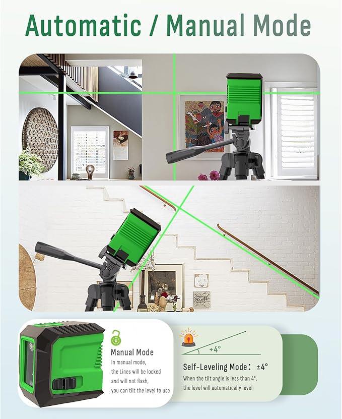 Laser Level with 50” Tripod, 360° Self Leveling Cross Line Laser Level, Green Beam Horizontal and Vertical Line leveler Tool for Hanging Pictures, Home Renovation with 4 AA Batteries & Carry Pouch