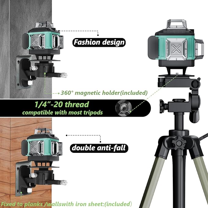 16 Line Laser Level, 4x360° Green Laser Line Self-Leveling Tool, Upgraded IP65 Metal Housing, Lazer Leveler Tool for Construction and Hanging Pictures, 2 Batteries & Remote Control