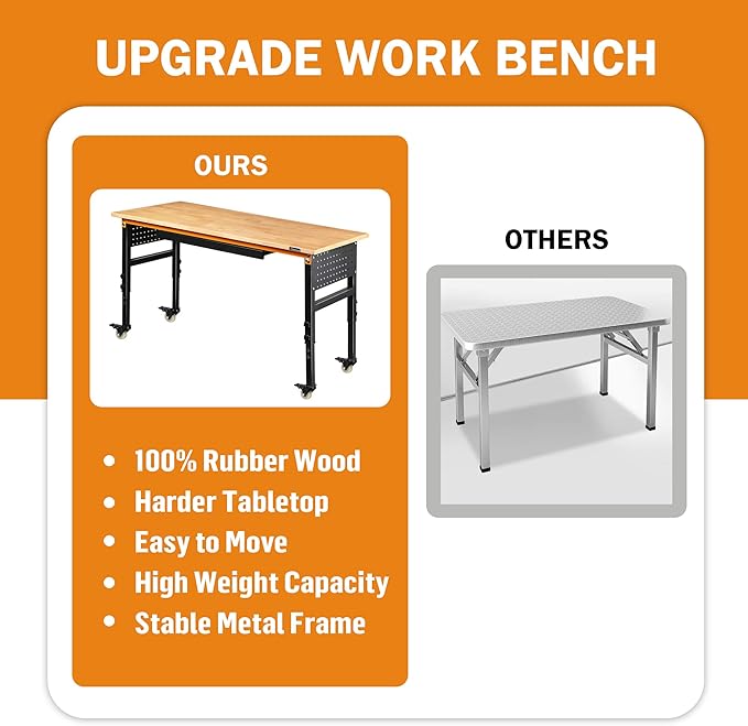 60" Adjustable Workbench for Garage, Rubber Wood Shop Table W/Wheels & Double Pegboards & Drawer, 2000 LBS Load Capacity Hardwood Worktable for Workshop, Garage, Office, Home, Commercial