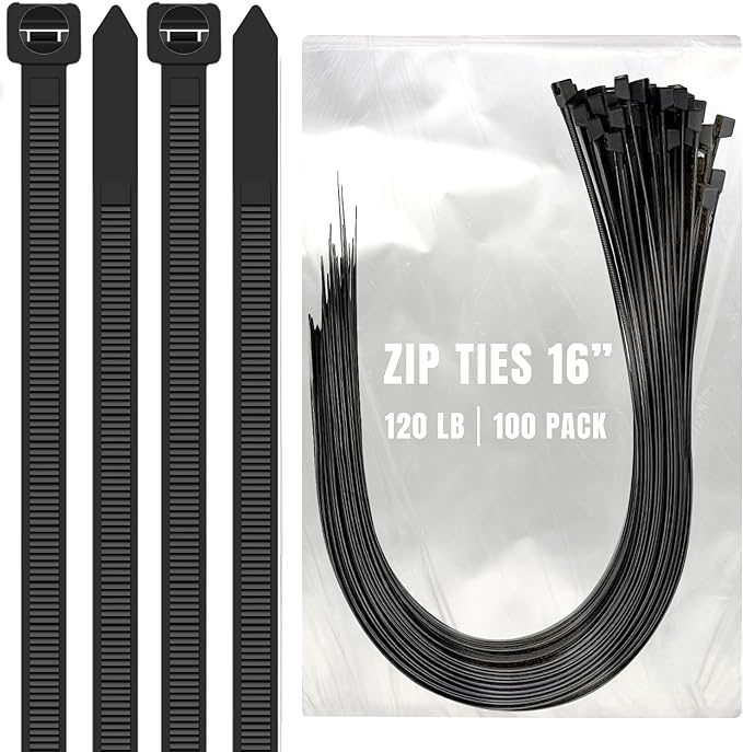 ALBO Black Zip Ties Heavy Duty 16 Inch Long 120lb - 100 Pack Plastic Cable Ties 0.3 Inch Thick UV Resistant Tie Wraps for Indoor and Outdoor Use
