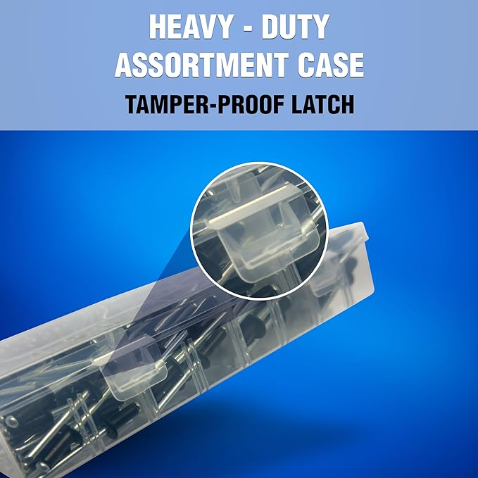 New Age America® 700pcs Blind Pop Rivets & Backup Washers | 3/32" to 1/4" | Black | 14 Sizes | SAE Size Aluminum Rivets & 304 Stainless Steel Backup Washers | Rivet Kit w Steel Mandrel | Labelled Case