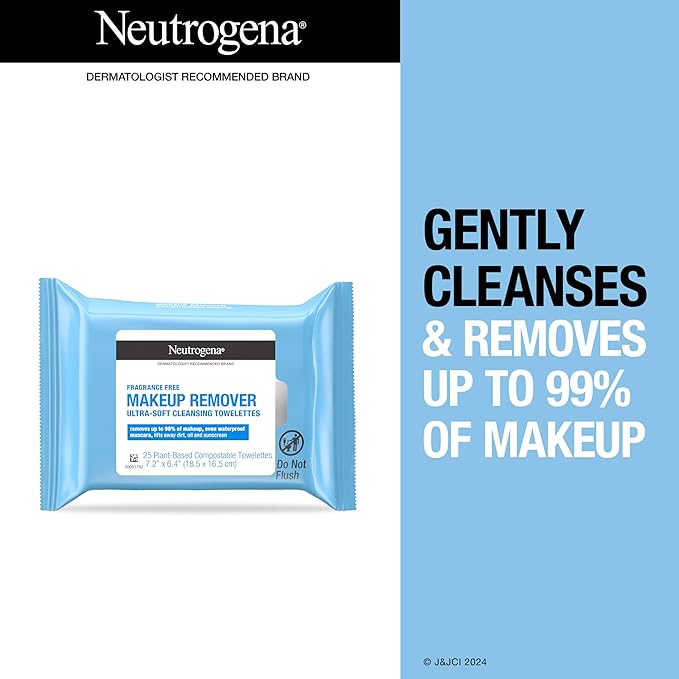 Neutrogena Fragrance-Free Makeup Remover Wipes, Daily Facial Cleanser Towelettes, Gently Removes Oil & Makeup, Alcohol-Free Makeup Wipes, 25 ct-VeraVaultWomen