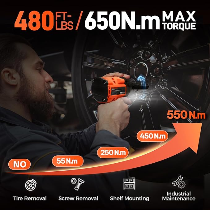 COMOWARE 20V Brushless Impact Wrench, 650N.m (480 ft-lbs) Power Cordless Impact Gun with 4.0Ah Battery & Fast Charger, 1/2" Compact Design, 3-Speed Control (0-3000 RPM), LED Light, 6Pcs Sockets