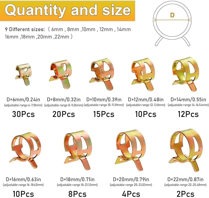 111pcs 6-22mm Spring Band Hose Clamp Kit,Tube Fastener Clips For Fuel Line Water Clamps