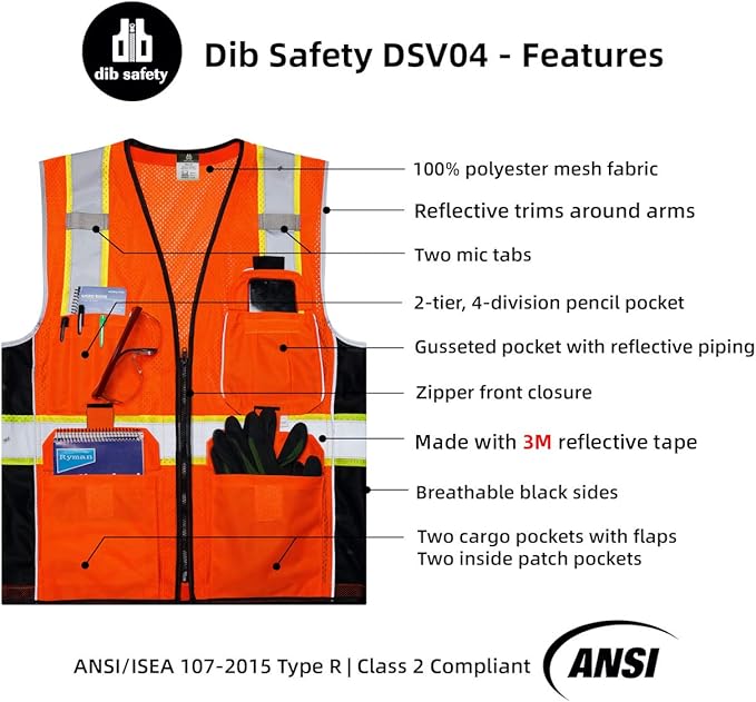 Dib Safety Vest Reflective Orange Mesh, High Visibility Vest with Pockets and Zipper, Heavy Duty Vest Made with 3M Reflective Tape 2XL