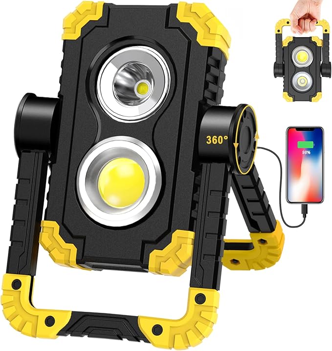 Samyoung 5000mAh 3000 Lumen Work Light Brightest, 30W Rechargeable Work Light, 360° Rotating LED IP65 Waterproof Mechanic Light for Job Site Car Repairing Construction Site