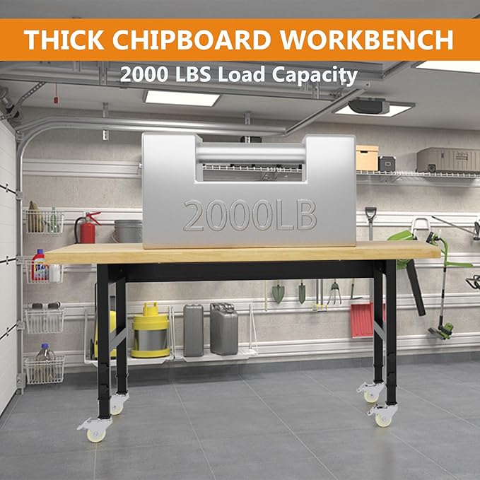 60" Work Bench with Wheels, Adjustable Height Workbench with Drawers, Heavy-Duty Work Table with Power Outlets, 2000 LBS Capacity Workstation for Garage, Workshop, Office, Home