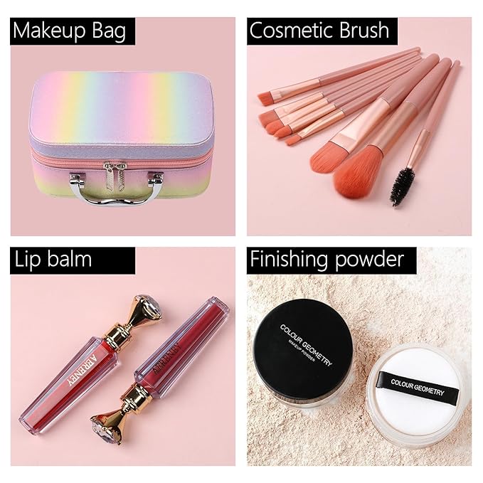 Makeup Kit for Teen Girls,All in One Makeup Kit for 2X16 Colors Eyeshadow Liquid Foundation Eyeliner Pencils Contouring Stick Lip Gloss Eyebrow Pencils 8Pcs Makeup Brushes etc (rainbow)-VeraVaultWomen
