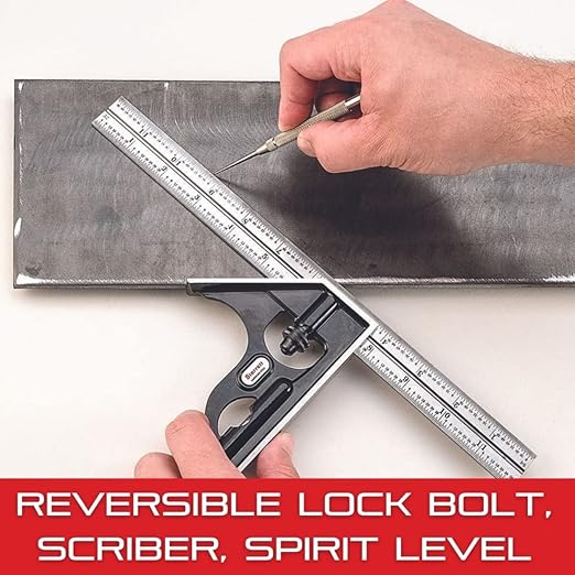 Starrett Steel Combination Square with Square Head - 6" Blade Length, Cast Iron Head, Hardened Steel, Reversible Lock Bolt, Scriber, 4R Graduation Type - C11H-6-4R