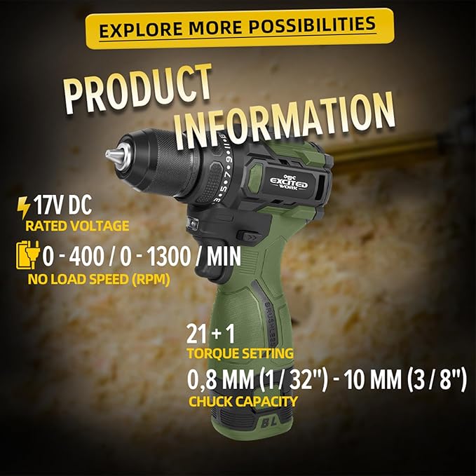 17V Brushless Power Drill Cordless, 55Nm Electric Drill Set with 2 1500mAh Batteries, 2 Variable Speed, 20+1 Torque Setting and LED Work Light