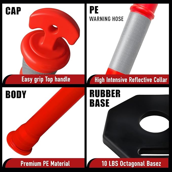 (12 Pack) CJ Safety 44" Tall Delineator Post Barrier Cones Black Heavy Duty Rubber Base, Reflective Band for Driveway, Parking Cones, Construction Safety Cones (Set of 12 Orange Traffic cones)