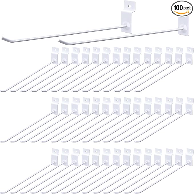 Moxweyeni 100 Pack Slatwall Hooks Slatwall Accessories Slat Wall Hanging Pegboard Hangers Slat Board Display Hooks for Retail Garage Organization Gridwall, White(9.8 Inch)