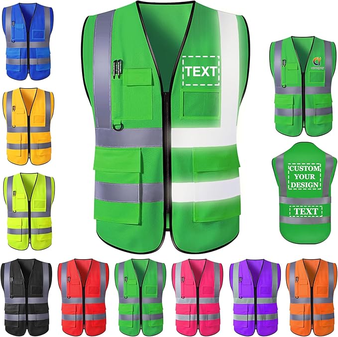 Custom Safety Vest for Men with Logo Pockets Personalized High Visibility Protective Workwear with Reflective Strip
