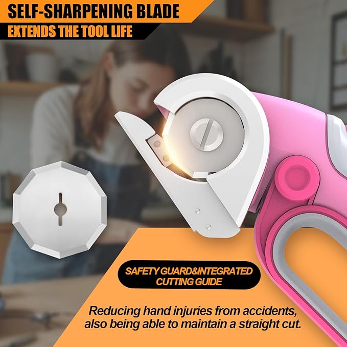 ZEITE 4V Cordless Electric Scissors Cardboard Cutter with 2 x Blades,1 x Storage Case,1 x USB Charging Cable,Rotary Cutter for Box Plastic Carpet Fabric, Easy to Hold and Safety,Pink