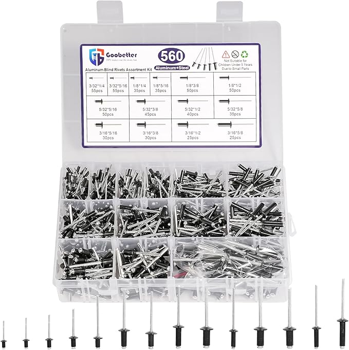 560 Pcs 14 Sizes Pop Rivets Assortment Kit, Aluminum Rivets, 3/32" 1/8" 5/32" 3/16" 1/4" Blind Rivets for Metal, Dome Head rivet kit(Black)