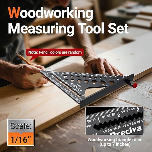 Preciva Carpenter Square 7 inch, 1/16" Precision Rafter Square Aluminum Alloy with Limiter and Pencil, Multi-Purpose Carpenter Tool Measuring Layout Tool for Woodworking and Carpentry
