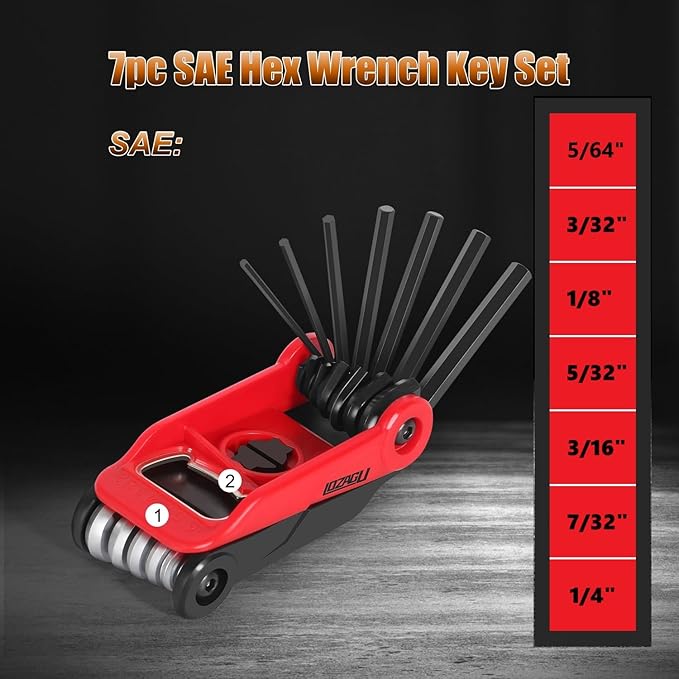 14PCS Folding Allen Wrench Sets, Metric and SAE Allen Key Set, METRIC 2mm, 2.5mm, 3mm, 4mm, 4.5mm, 5mm, 6mm. SAE 5/64”, 3/32”, 1/8”, 5/32”, 3/16”, 7/32”, 1/4"