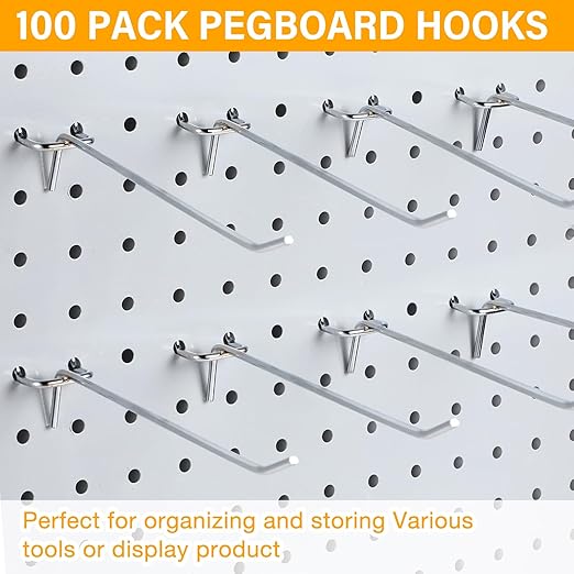 Shimeyao 100 Pcs Peg Board Shelving Hooks Stainless Steel Hanging Board Pegs Wall Display Hooks Bulk for 1/8 1/4 Garage Storage Organizer Accessories(6 Inch,Silver)