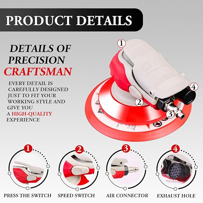 5/6 Inch Pneumatic Orbital Air Sander High-Speed DA Sander for auto body/Ideal for Woodworking, Auto Polishing, and Metal Sanding (6 inch) (6 inch)