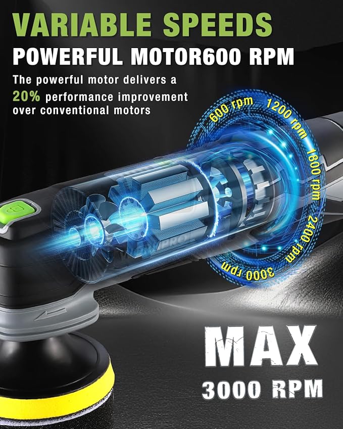 WORKPRO Cordless Mini Buffer Polisher, 12V Buffer Polisher for Car Detailing, 5 Variable Speed Up to 3000RPM, Compact Cordless Polisher Kit for Waxing, DIY Projects, Furniture Polishing