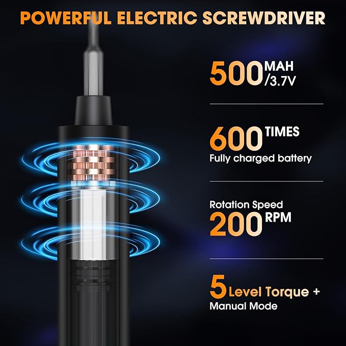3.7V Mini Electric Screwdriver,50 in 1 Precision Screwdriver Set,Small Repair Tool Kit with 5 Torque/500mAh Battery/OLED Display/4 LED Lights for Electronics Computer/Phone/Camer/Eyeglass/Watch