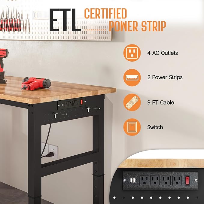 SPECRAFT 56"x48" L-Shaped Workbench with Power Strip, Adjustable Height Heavy Duty Work Table with Pegboard, 6000LBS Load Capacity, Industrial Wood Top Workstation for Garage, Workshop, Home Office