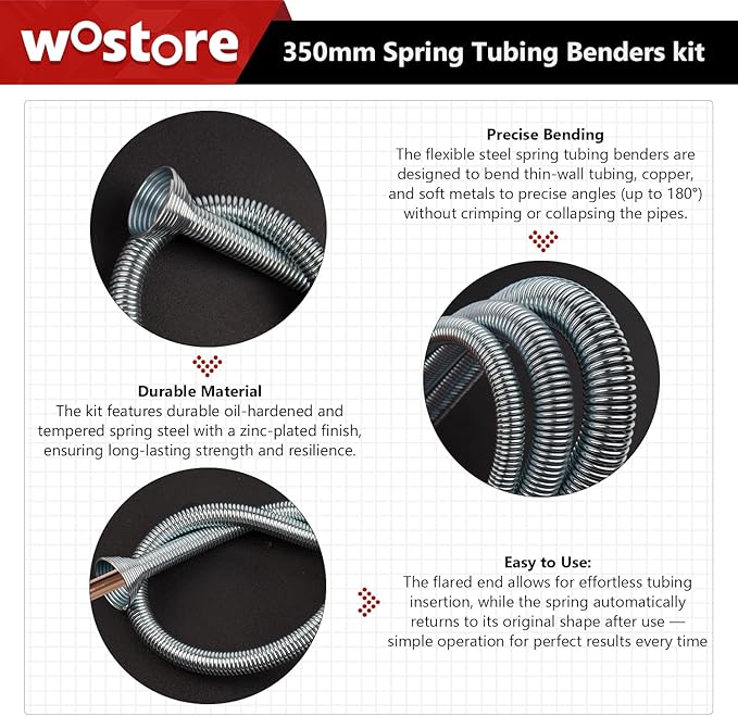 Wostore Spring Tubing Benders Kit for Pipe O.D. 1/4, 3/8, 1/2, 5/8 and 3/4 Inch 350 mm Length 5 in 1 Tube Bender Set for Copper,Aluminum and Soft Steel Pipes