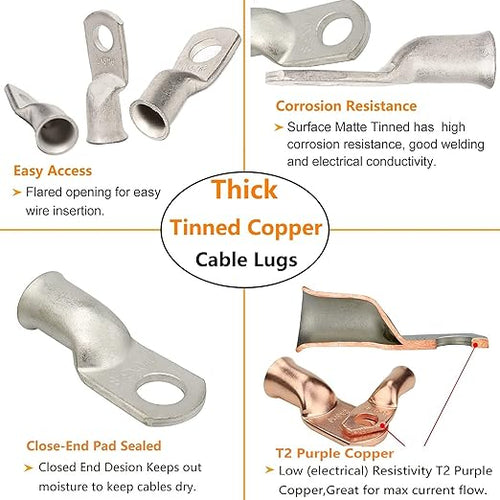 0 Gauge Tinned Copper Lugs 10 PCS 1/0 AWG - 5/16'' Cable Lugs Wire Lugs UL Listed 0 AWG Wire Lugs Battery Cable Ends 10 PCS Heavy Duty Closed End Crimp Copper Lugs with 10 PCS 3:1 Heat Shrink Tubing