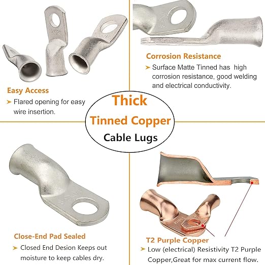 0 Gauge Tinned Copper Lugs 10 PCS 1/0 AWG - 1/2'' Cable Lugs UL Listed Terminals 1/0 Gauge Wire Lugs Battery Cable Ends 10 PCS Heavy Duty Closed End Crimp Copper Lugs with 10 PCS 3:1 Heat Shrink Tube
